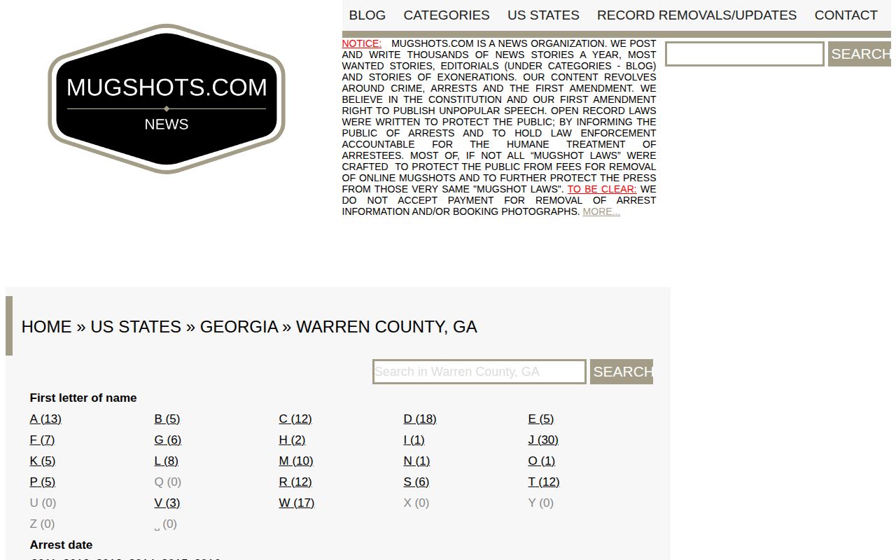 Unofficial Mugshots.com Warren County page shown as secondary local landscape