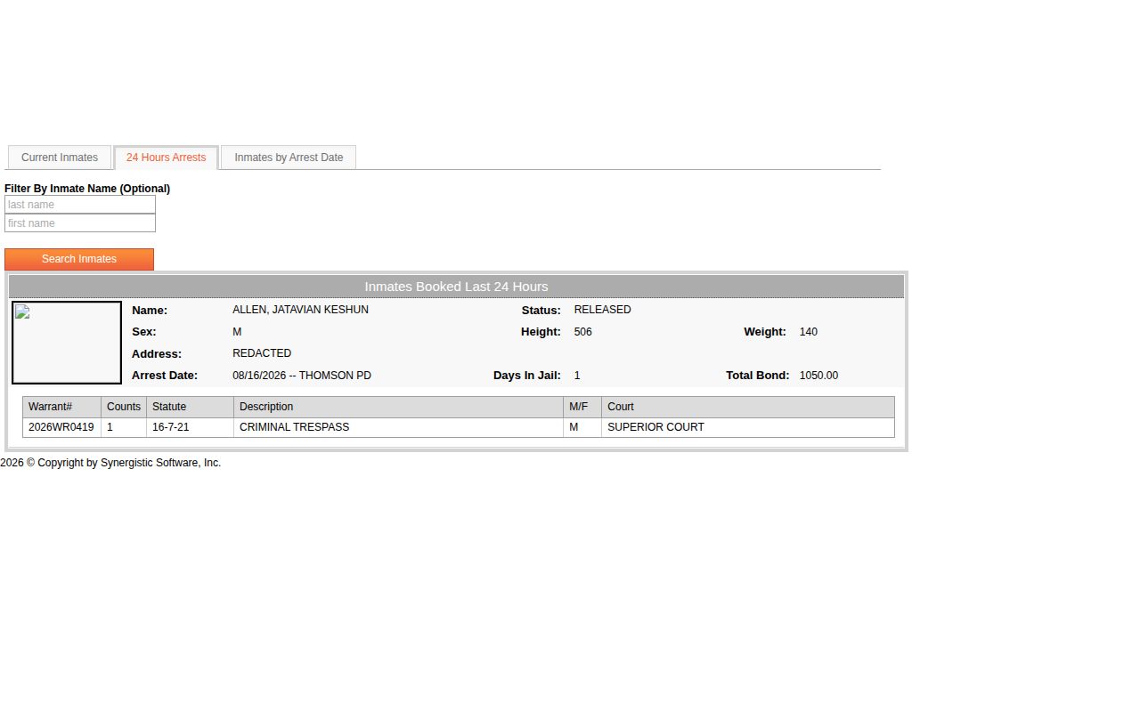 McDuffie 24-hour booking interface used to locate recent Warren County arrests