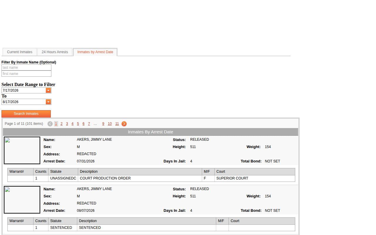McDuffie arrest-date search interface for Warren County booking records