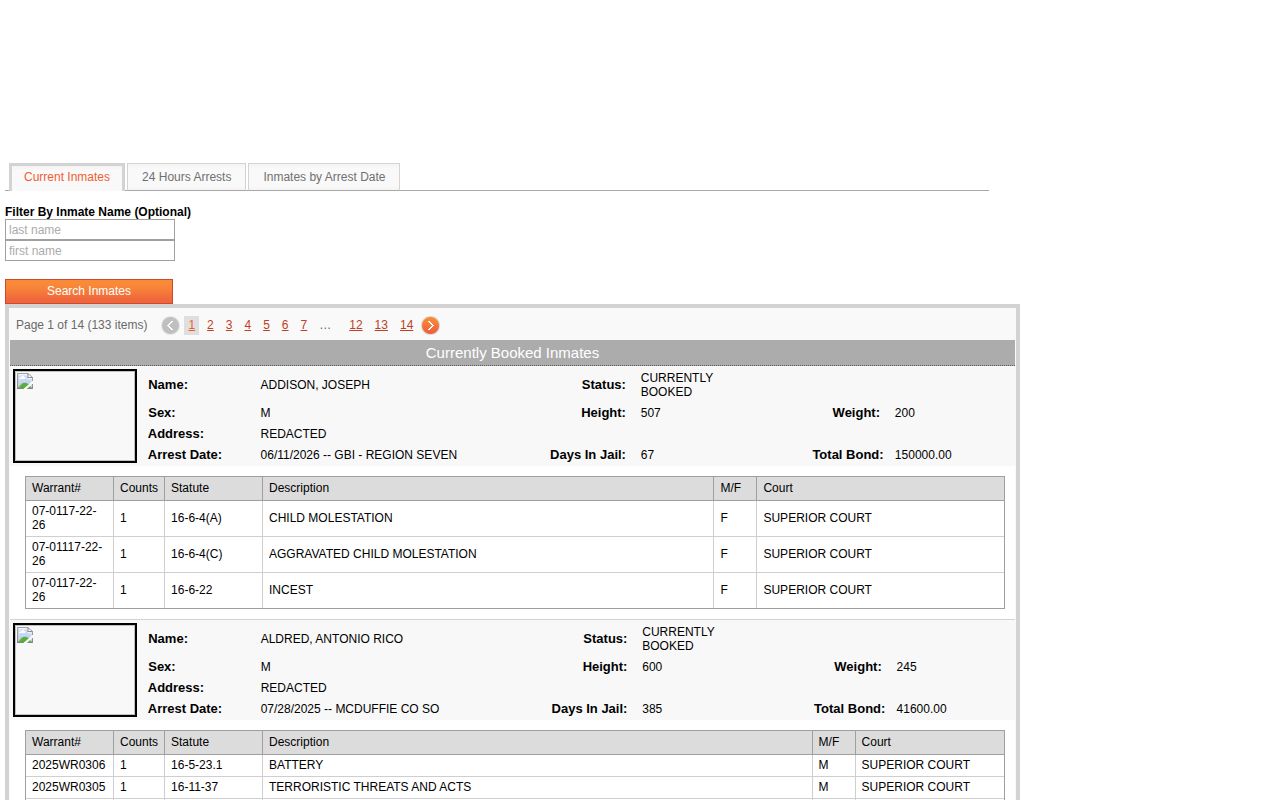 McDuffie facility current-inmate interface for Warren County booking records
